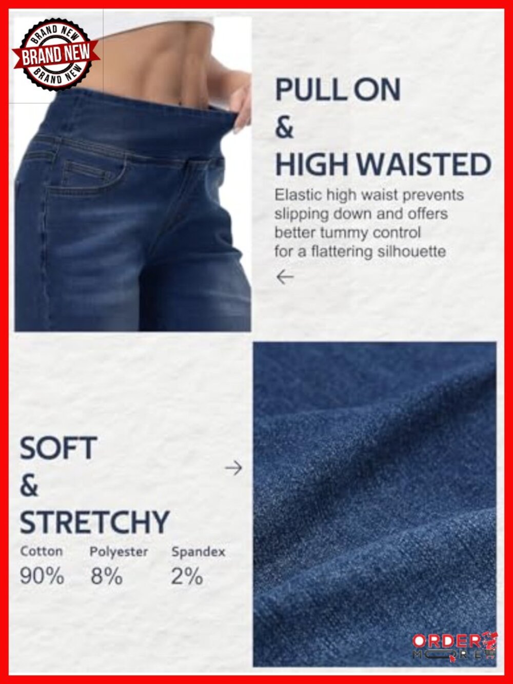 Pull On Wide Leg Jeans High Waisted Stretchy Tummy Control Denim Pants - Picture 4 of 6